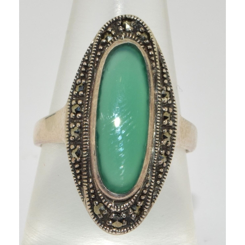 266 - A 925 silver Art Deco style oval green Chalcedony and marcasite cocktail Ring size O