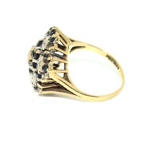 225 - 9ct gold ladies antique set large Diamond and Sapphire cluster ring 4.2g size K