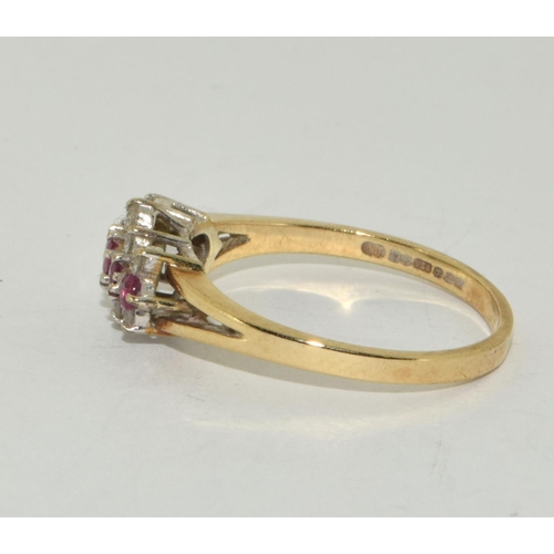 200 - 9ct gold ladies Diamond and Ruby 3 band ring size S