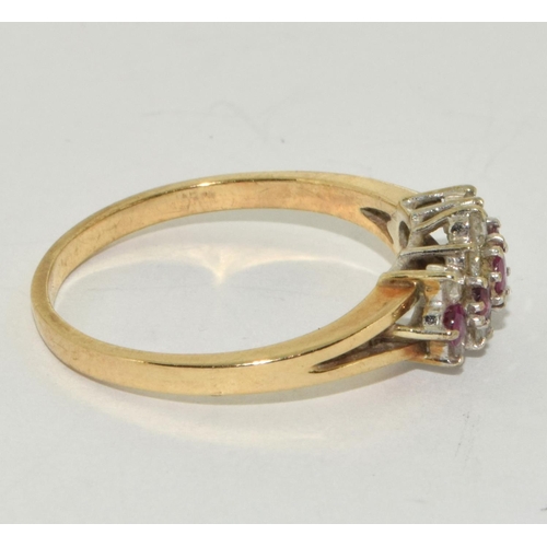 200 - 9ct gold ladies Diamond and Ruby 3 band ring size S