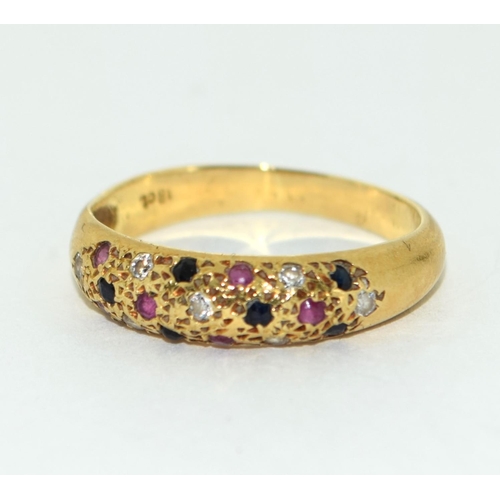 240 - 18ct gold Diamond Sapphire and Ruby ring size N