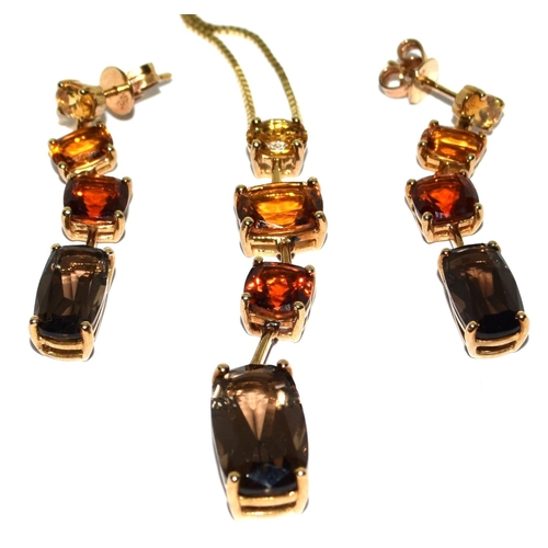 372 - 9ct gold pendant necklace of semi precious stones Amethyst, Ruby, Citrine and Amber together a match... 