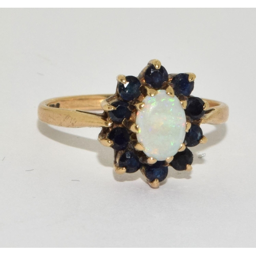 221 - 9ct gold ladies antique set Opal and Sapphire cluster ring size  M