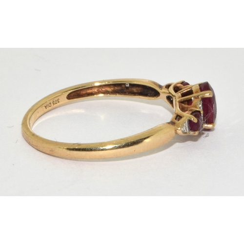 338 - 9ct gold ladies Ruby and Diamond H/M as diamond in the ring size Q