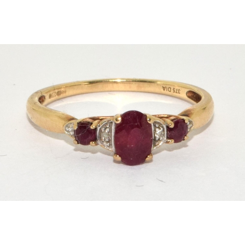 338 - 9ct gold ladies Ruby and Diamond H/M as diamond in the ring size Q