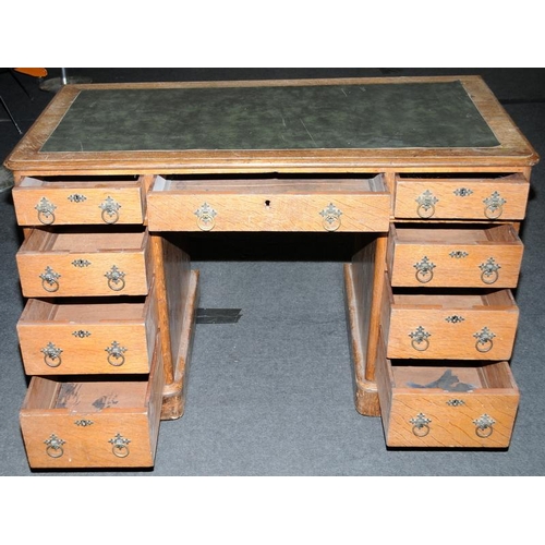 551 - A leather top Mahogany  pedestal desk 3 parts with ring pull drop handles 70x120x65cm