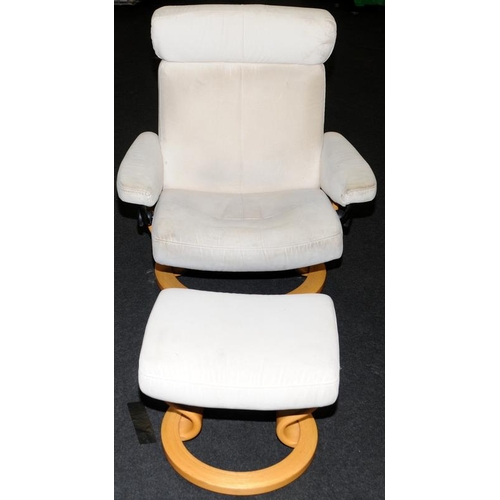 553 - Ekornes Stressless chair and foot stool this is linen material covered in need of a clean