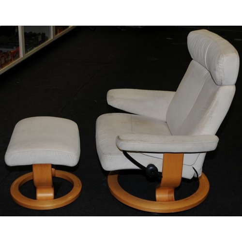 553 - Ekornes Stressless chair and foot stool this is linen material covered in need of a clean