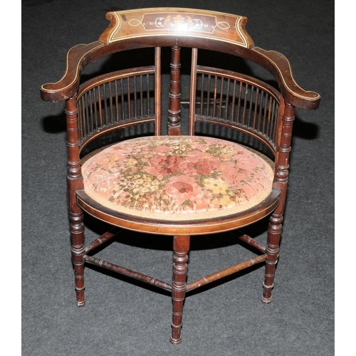 554 - Mahogany inlaid corner chair set with light decoration and standing on turned supports and spindle b... 