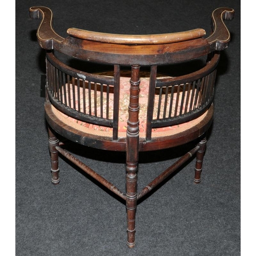 554 - Mahogany inlaid corner chair set with light decoration and standing on turned supports and spindle b... 