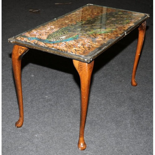 561 - Mid centaury cabriole leg mahogany oblong coffee table the decoration is that of a Peacock and the p... 