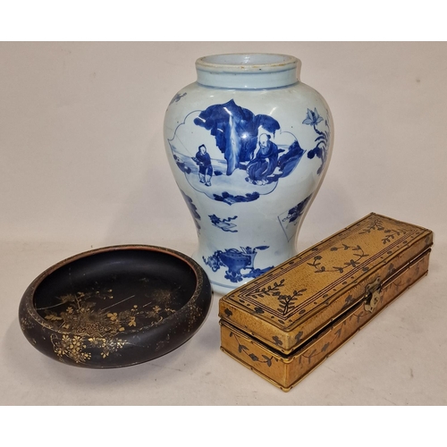 204 - Oriental blue and white decorated vase together with an oblong pen box and a round decorated small d... 