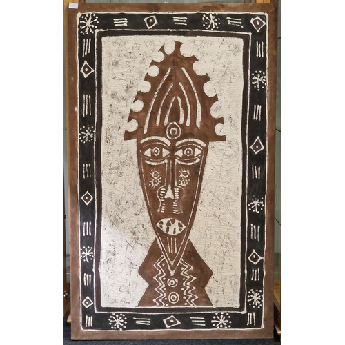 220 - Large wooden frame cotton African fertility mask picture 152x92cm