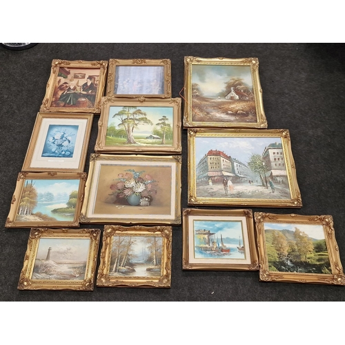 215 - Mixed collection of Gilt Framed pictures mixed subject medium mostly oil on board largest being 50x6... 