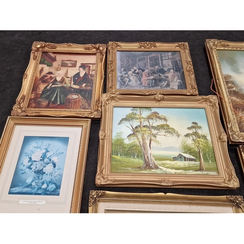 215 - Mixed collection of Gilt Framed pictures mixed subject medium mostly oil on board largest being 50x6... 