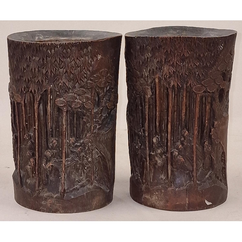 200 - Pair of Oriental carved brush pots 20cm tall