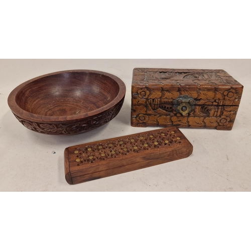 145 - 3 carved wooden items to include carved box and bowl.