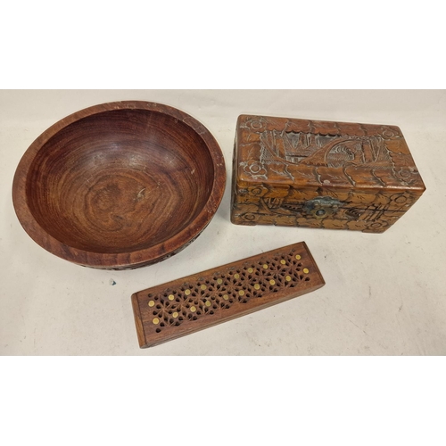 145 - 3 carved wooden items to include carved box and bowl.