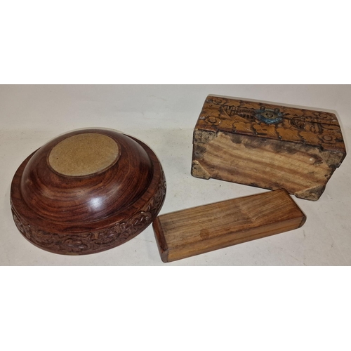 145 - 3 carved wooden items to include carved box and bowl.