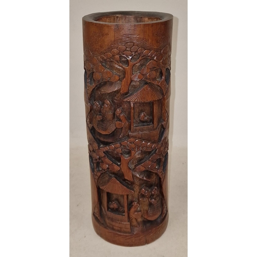 203 - Tall carved Oriental brush pot 30x12cm