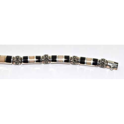 370 - Art Deco onyx MOP 925 silver marcasite bracelet.