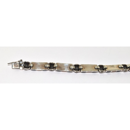 370 - Art Deco onyx MOP 925 silver marcasite bracelet.