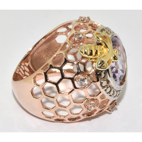 303 - Huge honey bee amethyst rose gold overlay 925 silver ring Size N 1/2.