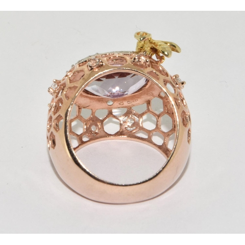 303 - Huge honey bee amethyst rose gold overlay 925 silver ring Size N 1/2.