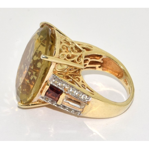 328 - 10ct citrine/garnet/topaz 925 silver with 18ct gold overlay cocktail ring Size L