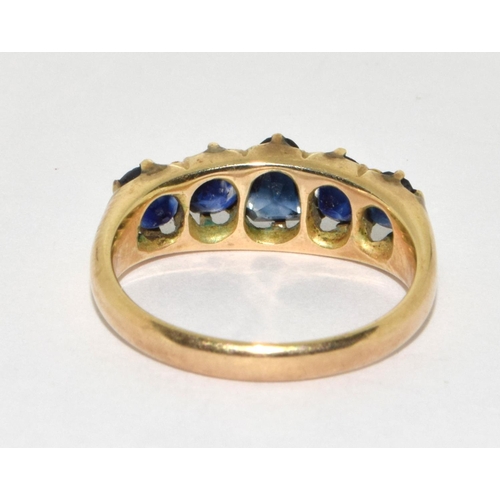 376 - 9ct gold ladies antique set  5 stone Sapphire ring size M