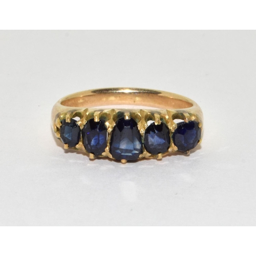 376 - 9ct gold ladies antique set  5 stone Sapphire ring size M