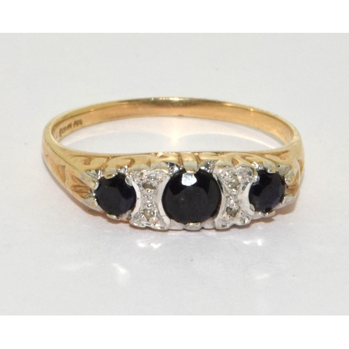 203 - 9ct gold ladies antique set Diamond and Sapphire ring size Q