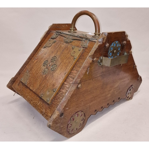 77 - A Christopher Dresser style wooden coal box with brass embellishments 55x32x45cm.