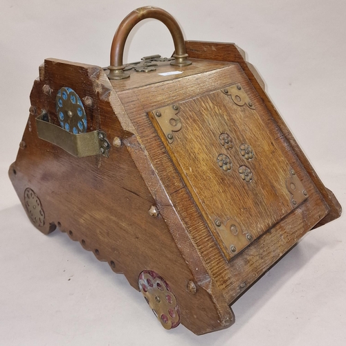 77 - A Christopher Dresser style wooden coal box with brass embellishments 55x32x45cm.