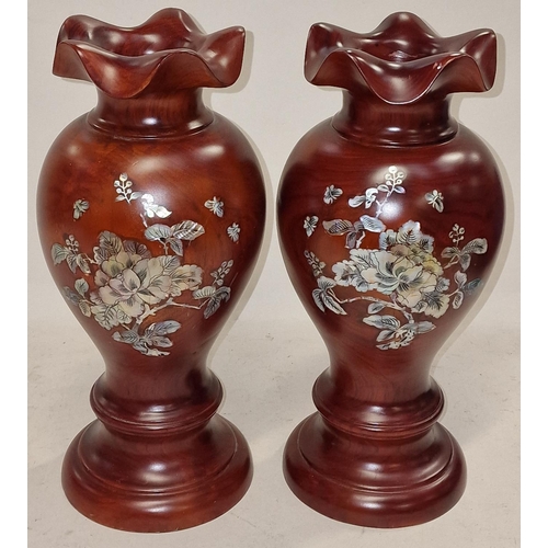 80 - Pair of contemporary hardwood vases with decorative mother of pearl inlay to front each 30cm tall.