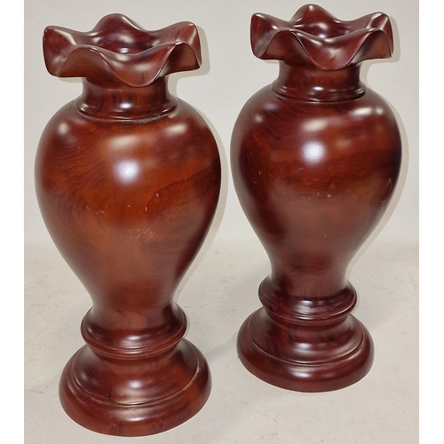 80 - Pair of contemporary hardwood vases with decorative mother of pearl inlay to front each 30cm tall.