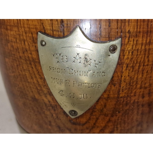 82 - Two vintage wooden biscuit barrels together with a wooden ships wheel barometer (3).