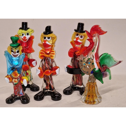 93 - Collection of vintage Murano glass figurines to include four clowns and a cockerel.