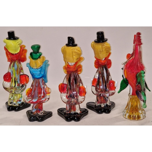 93 - Collection of vintage Murano glass figurines to include four clowns and a cockerel.