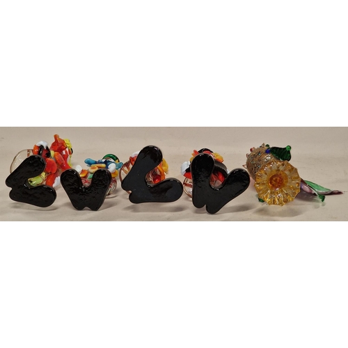 93 - Collection of vintage Murano glass figurines to include four clowns and a cockerel.