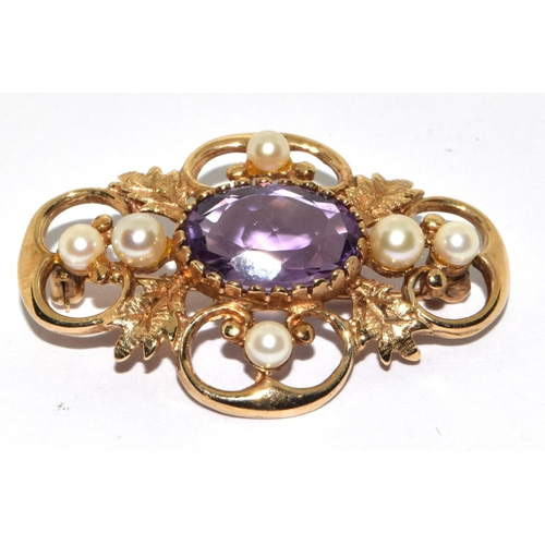 237 - 9ct gold ;ladies antique set Amethyst and Pearl brooch