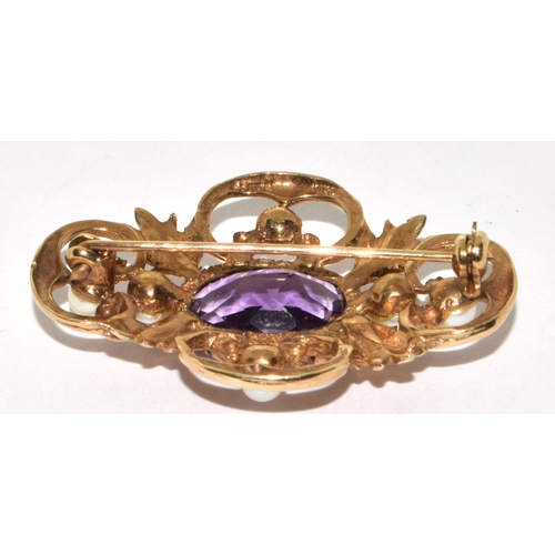 237 - 9ct gold ;ladies antique set Amethyst and Pearl brooch