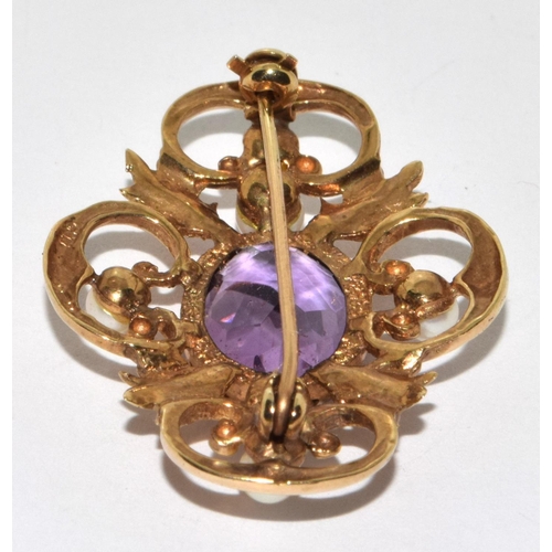 237 - 9ct gold ;ladies antique set Amethyst and Pearl brooch