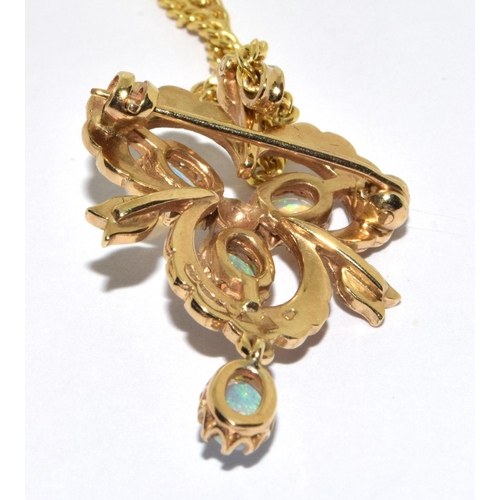 299 - 9ct gold ladies Opal and Pearl necklace/brooch set on a gold chain shaped as a clover leaf