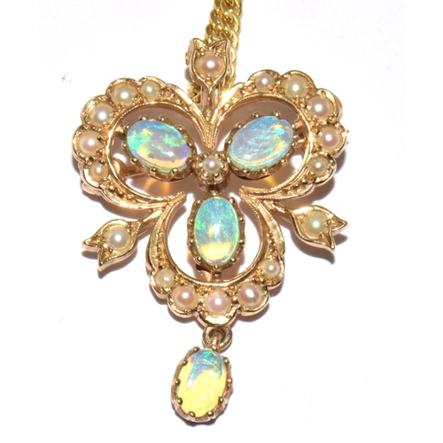 299 - 9ct gold ladies Opal and Pearl necklace/brooch set on a gold chain shaped as a clover leaf