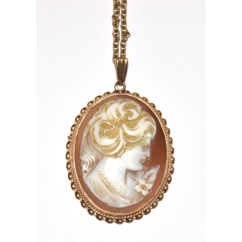 352 - 9ct gold Cameo pendant necklace together 3 charms 14g