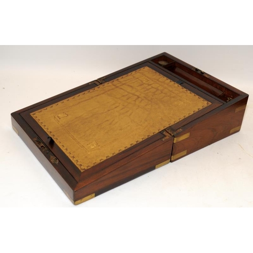 525 - Two vintage wooden boxes to include a brass bound writing slope with good interior and key 30cms x 2... 