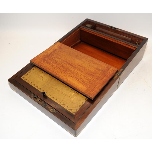 525 - Two vintage wooden boxes to include a brass bound writing slope with good interior and key 30cms x 2... 