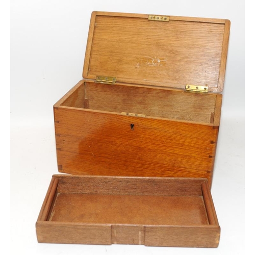 525 - Two vintage wooden boxes to include a brass bound writing slope with good interior and key 30cms x 2... 