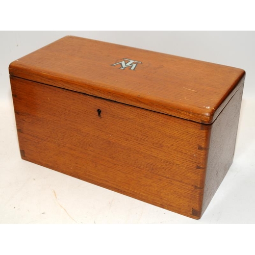 525 - Two vintage wooden boxes to include a brass bound writing slope with good interior and key 30cms x 2... 